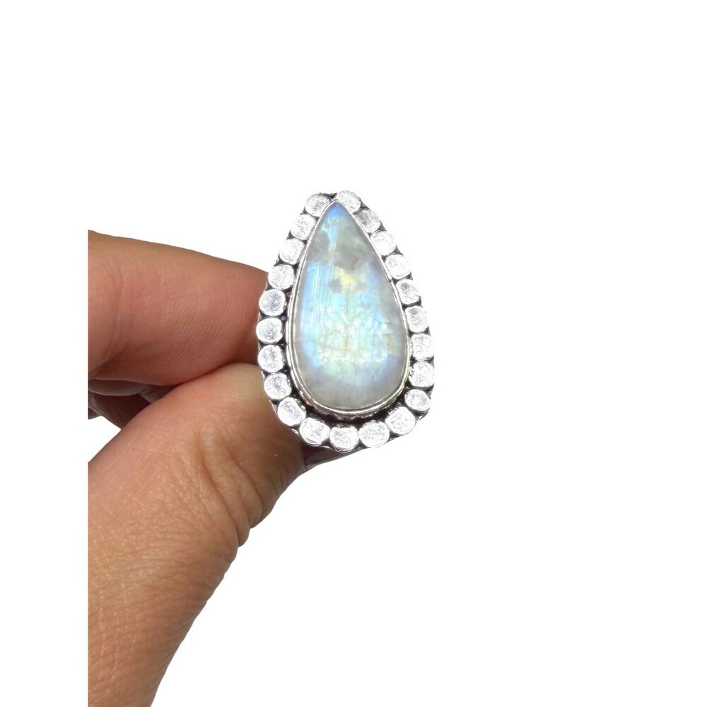 Rainbow Moonstone Ring Size 7.5 925 Sterling Silver Overlay